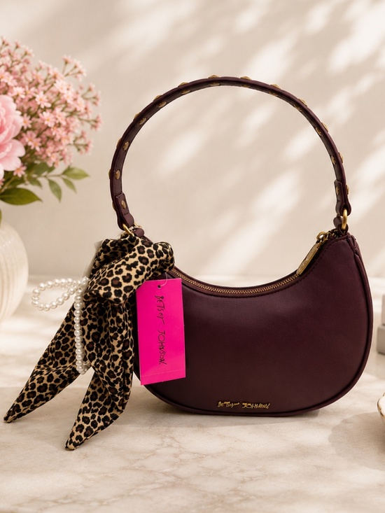 Betsey Johnson Handbags - *New* Betsey Johnson Y2K Burgundy Shoulder Bag W/ Cheetah/Pearl Bow Bag Charm